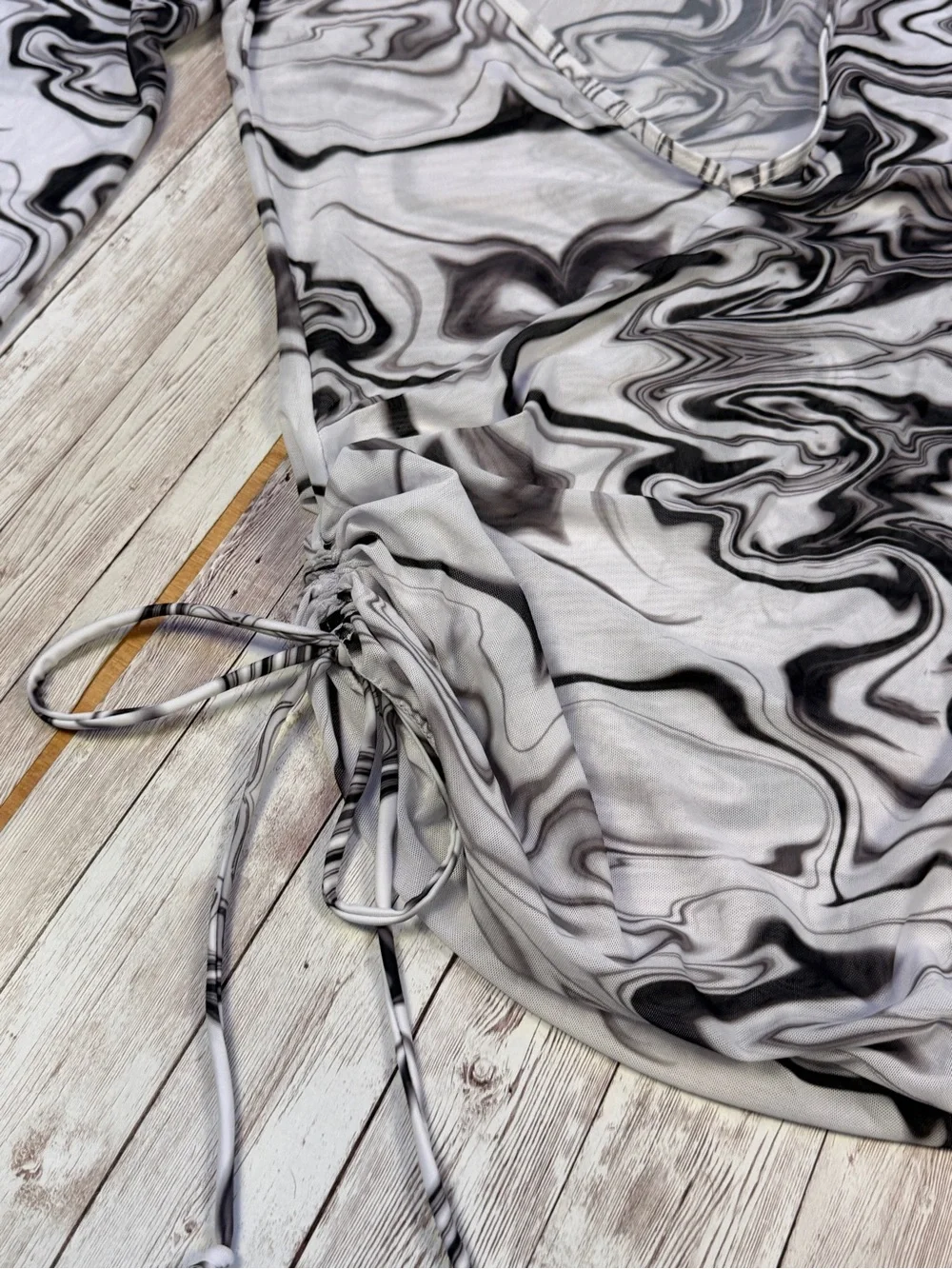 Marble-Print Ruched Mini Dress with Matching Bikini